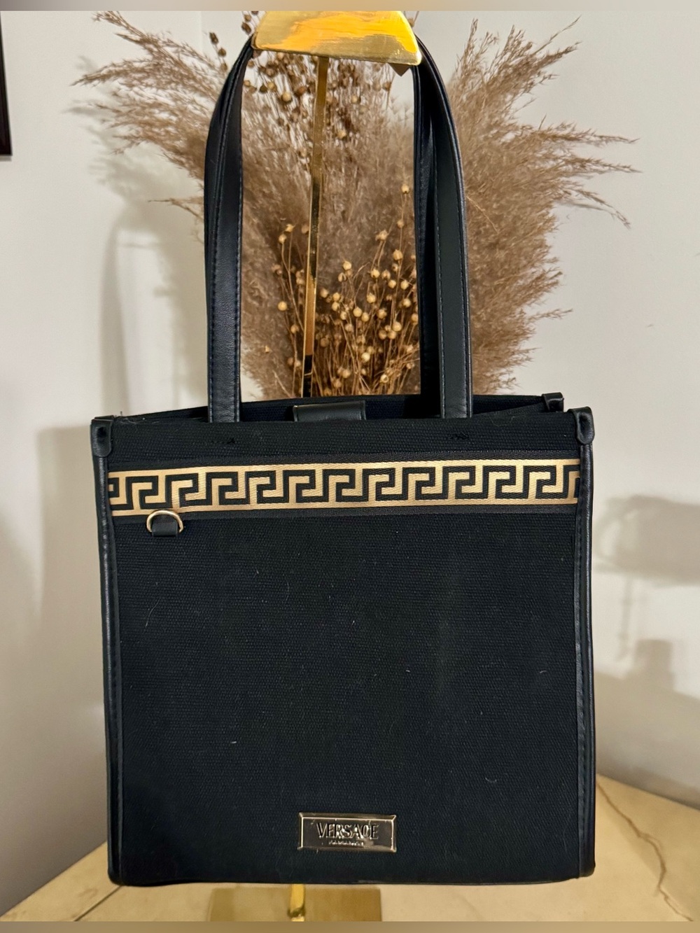 Versace Fragrance Black Tote with Gold Greek Key Accent w/ Shoulder Strap  EUC